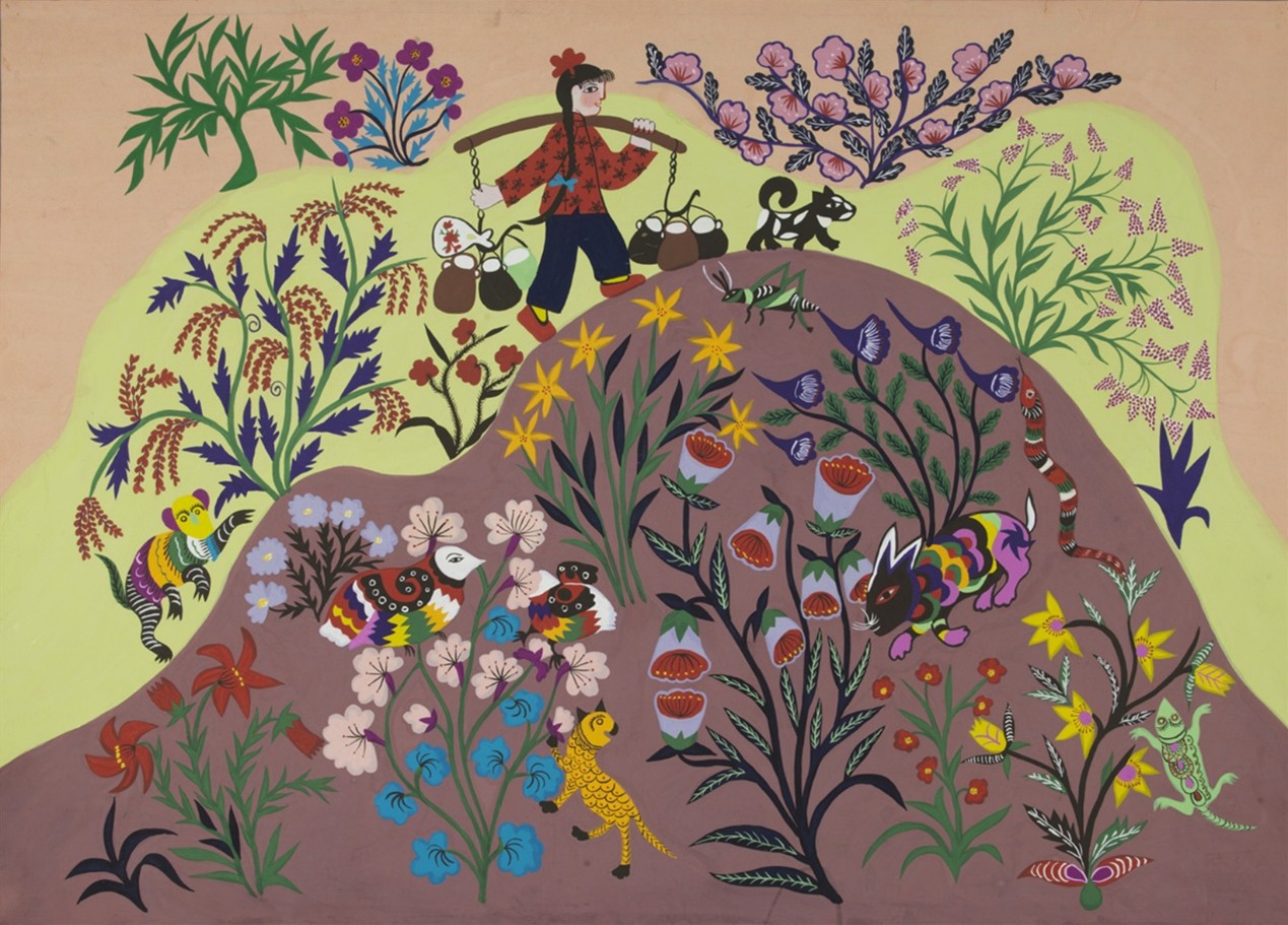 <h2>春耕时节</h2><p>作者：李秀芳</p><p>创作年代：1987年</p><p>规格：55cm×76.5cm</p><p>技法：农民画</p>